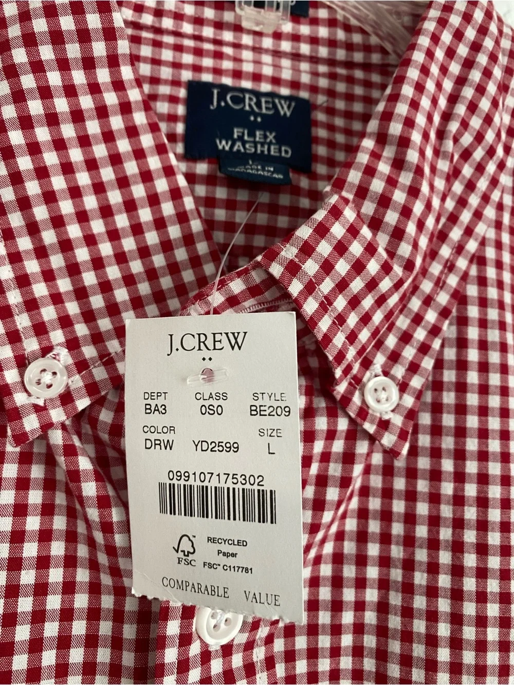 J. Crew Men’s Red and White Gingham Button-Down Shirt